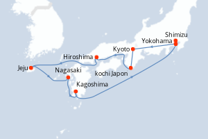 Carte itinéraire croisière Japon, Corée du Sud - 12 jours au départ de Yokohama - Asie
