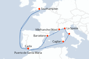 carte itinéraire croisière Europe du Nord 14 jours au départ du port de Southampton