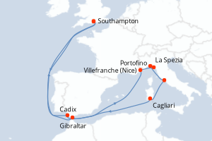 Carte de l'itinéraire de croisière Southampton-Southampton d'une durée de 14 jours