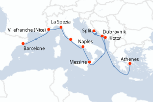 carte itinéraire croisière Sicile 12 jours au départ du port de Le Piree - Athenes