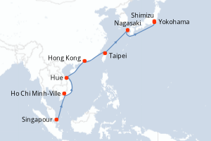 Carte de l'itinéraire de croisière Singapour-Yokohama d'une durée de 15 jours
