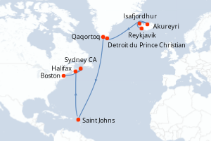 carte itinéraire croisière Amérique du Nord 14 jours au départ du port de Reykjavik