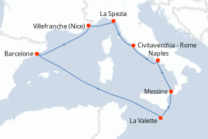 carte itinéraire croisière Sicile 10 jours au départ du port de Barcelone