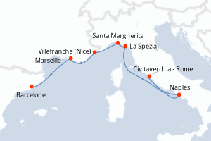 carte itinéraire croisière Méditerranée 9 jours au départ du port de Civitavecchia - Rome