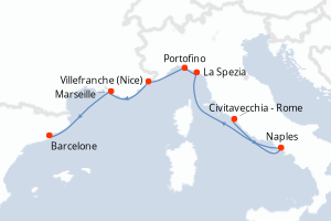 Carte de l'itinéraire de croisière Civitavecchia - Rome-Barcelone d'une durée de 9 jours