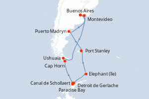 Carte de l'itinéraire de croisière Buenos Aires-Buenos Aires d'une durée de 14 jours
