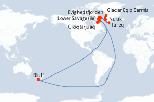 Carte de l'itinéraire de croisière Nuuk-Iqaluit d'une durée de 14 jours