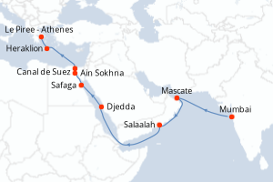 carte itinéraire croisière Mer Rouge Océan Indien 17 jours au départ du port de Mumbai