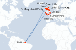 Carte de l'itinéraire de croisière Londres-Leith - Edimbourg d'une durée de 12 jours