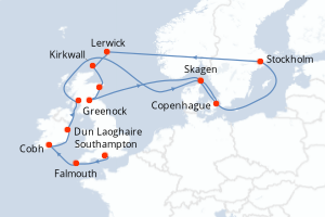 carte itinéraire croisière Europe du Nord 14 jours au départ du port de Southampton