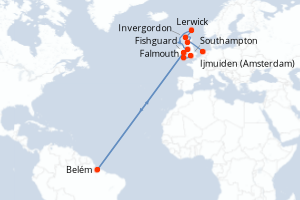 Carte de l'itinéraire de croisière Southampton-Ijmuiden (Amsterdam) d'une durée de 11 jours