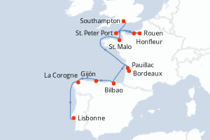 carte itinéraire croisière Atlantique 14 jours au départ du port de Southampton