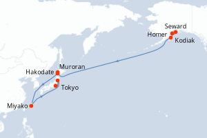 Carte de l'itinéraire de croisière Seward-Tokyo d'une durée de 15 jours