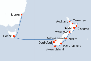 Carte de l'itinéraire de croisière Sydney-Auckland d'une durée de 14 jours