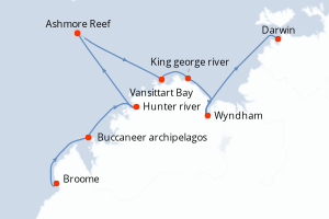 Carte de l'itinéraire de croisière Broome-Darwin d'une durée de 10 jours
