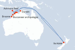 Carte de l'itinéraire de croisière Broome-Darwin d'une durée de 10 jours