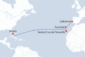 carte itinéraire croisière Atlantique 14 jours au départ du port de Miami