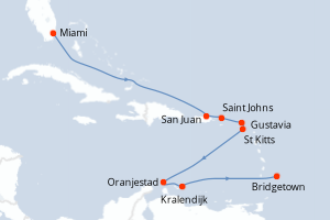 Carte de l'itinéraire de croisière Miami-Bridgetown d'une durée de 12 jours