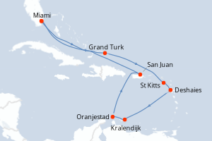 Carte de l'itinéraire de croisière Miami-Miami d'une durée de 14 jours