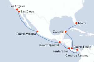 Carte de l'itinéraire de croisière Miami-Los Angeles d'une durée de 18 jours