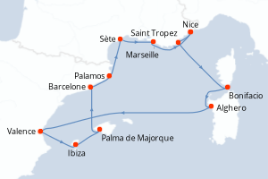 Carte de l'itinéraire de croisière Nice-Nice d'une durée de 12 jours