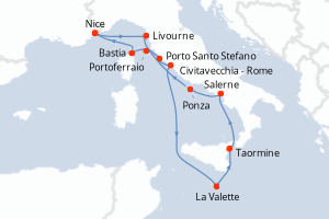 Carte de l'itinéraire de croisière Nice-Nice d'une durée de 12 jours