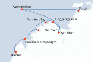 Carte de l'itinéraire de croisière Darwin-Broome d'une durée de 10 jours