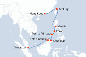 Carte de l'itinéraire de croisière Hong Kong-Singapour d'une durée de 14 jours
