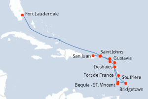 Carte de l'itinéraire de croisière San Juan-Fort Lauderdale d'une durée de 14 jours