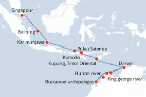 Carte de l'itinéraire de croisière Singapour-Darwin d'une durée de 16 jours
