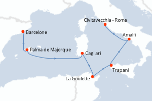 carte itinéraire croisière Sicile 7 jours au départ du port de Barcelone