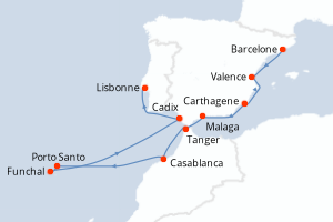 carte itinéraire croisière Atlantique 14 jours au départ du port de Barcelone