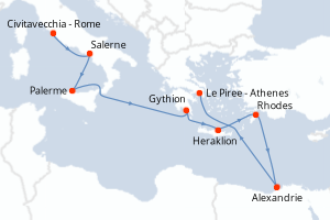 carte itinéraire croisière Sicile 10 jours au départ du port de Civitavecchia - Rome