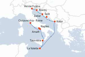 carte itinéraire croisière Sicile 10 jours au départ du port de Civitavecchia - Rome