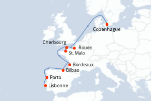 carte itinéraire croisière Europe du Nord 15 jours au départ du port de Lisbonne