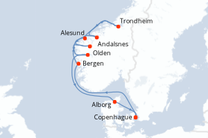 carte itinéraire croisière Fjörds norvégiens 10 jours au départ du port de Copenhague