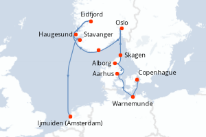 Carte de l'itinéraire de croisière Copenhague-Ijmuiden (Amsterdam) d'une durée de 12 jours