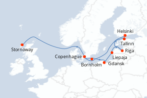 Carte de l'itinéraire de croisière Copenhague-Stornoway d'une durée de 7 jours