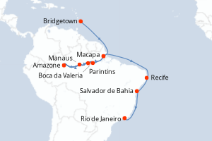 Carte de l'itinéraire de croisière Bridgetown-Rio de Janeiro d'une durée de 20 jours