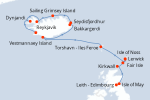 Carte de l'itinéraire de croisière Leith - Edimbourg-Reykjavik d'une durée de 11 jours