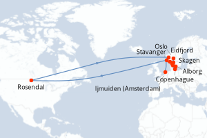 carte itinéraire croisière Fjörds norvégiens 12 jours au départ du port de Ijmuiden (Amsterdam)