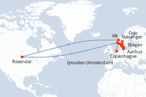 carte itinéraire croisière Fjörds norvégiens 12 jours au départ du port de Ijmuiden (Amsterdam)