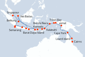 Carte de l'itinéraire de croisière Cairns-Singapour d'une durée de 27 jours