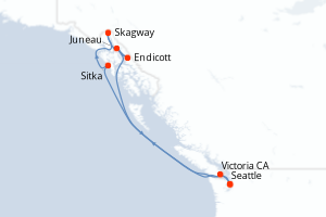Carte itinéraire croisière États-Unis, Canada - 7 jours au départ de Seattle - Alaska