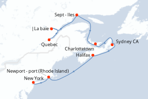 Carte de l'itinéraire de croisière Quebec-New York d'une durée de 9 jours