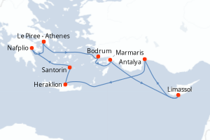 carte itinéraire croisière Méditerranée 10 jours au départ du port de Le Piree - Athenes
