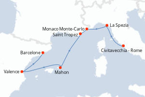 Carte de l'itinéraire de croisière Civitavecchia - Rome-Barcelone d'une durée de 7 jours