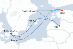 Carte de l'itinéraire de croisière Copenhague-Copenhague d'une durée de 8 jours