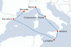 Carte itinéraire croisière Italie, Malte, Espagne, France - 6 jours au départ de Genes - Méditerranée