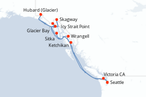 Carte itinéraire croisière États-Unis, Canada - 11 jours au départ de Seattle - Alaska